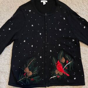 Dress Barn Black Cardigan with Cardinal and Pinecones Embroidered Size 2X